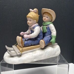Homco Denim Days "Winter Fun" Figurine Vintage 1999 Sled Debbie Danny W/package